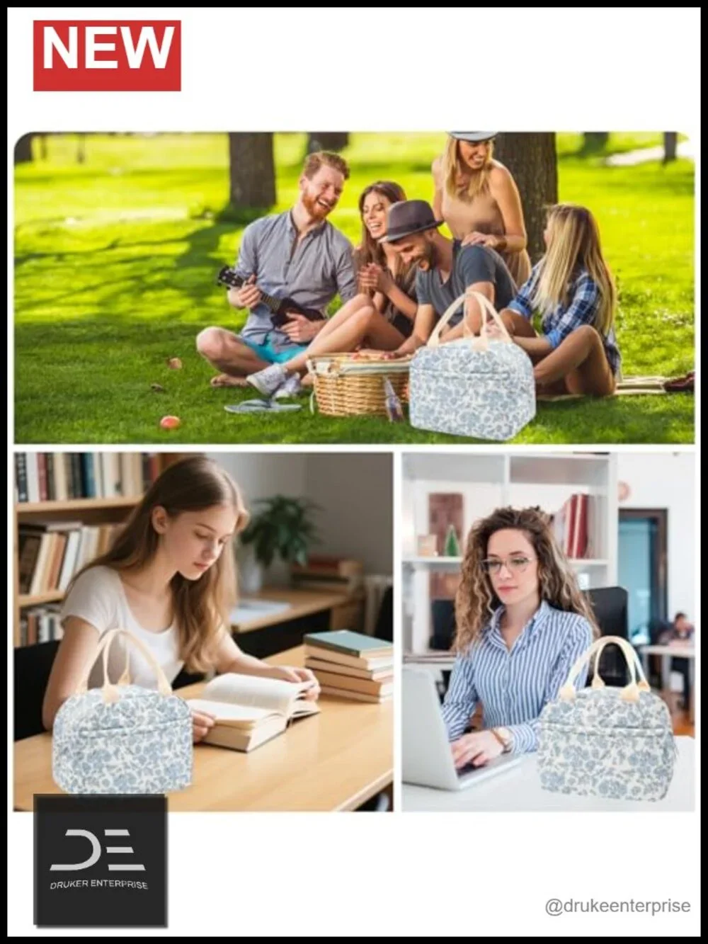 Cotton Quilted Insulated Lunch Bag, Reusable Floral Lunch Tote, Cooler Bag